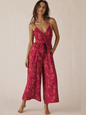 FREE PEOPLE Hot Tropics Jumpsuit Cropped Floral Tie Waist Colorful Print Size 2